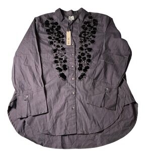 NIC+ZOE Indigo Dusk Embellished Tunic Top Blouse Long Sleeve Medium